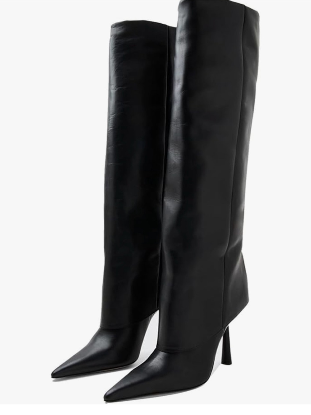 Tall Pointed-Toe Black Leather Knee-High Boots